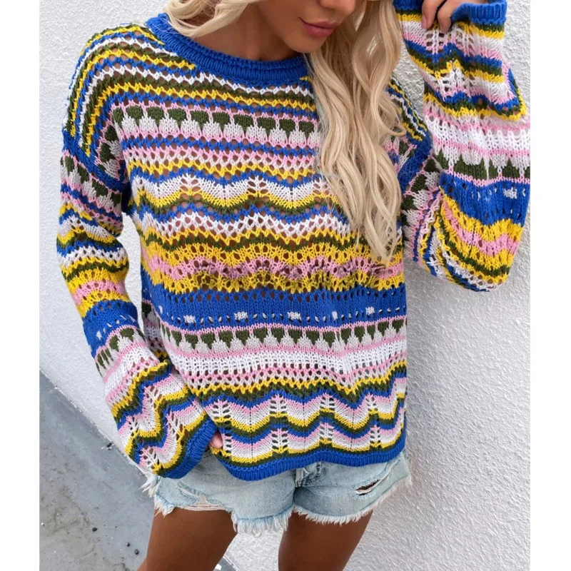 Fashion Color Stripe Knitted Sweaters Women Trendy Patchwork Hollow Out Pullover Sweater Female Autumn Winter Commuting Clothing