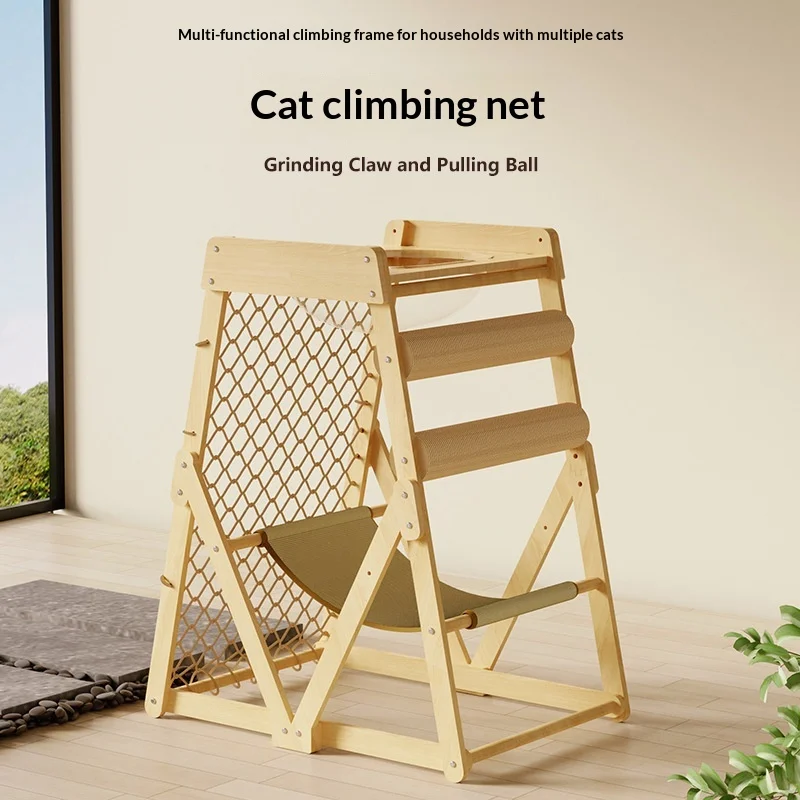 Árbol rascador de madera para gatos con hamaca y red de escalada - imagen 4