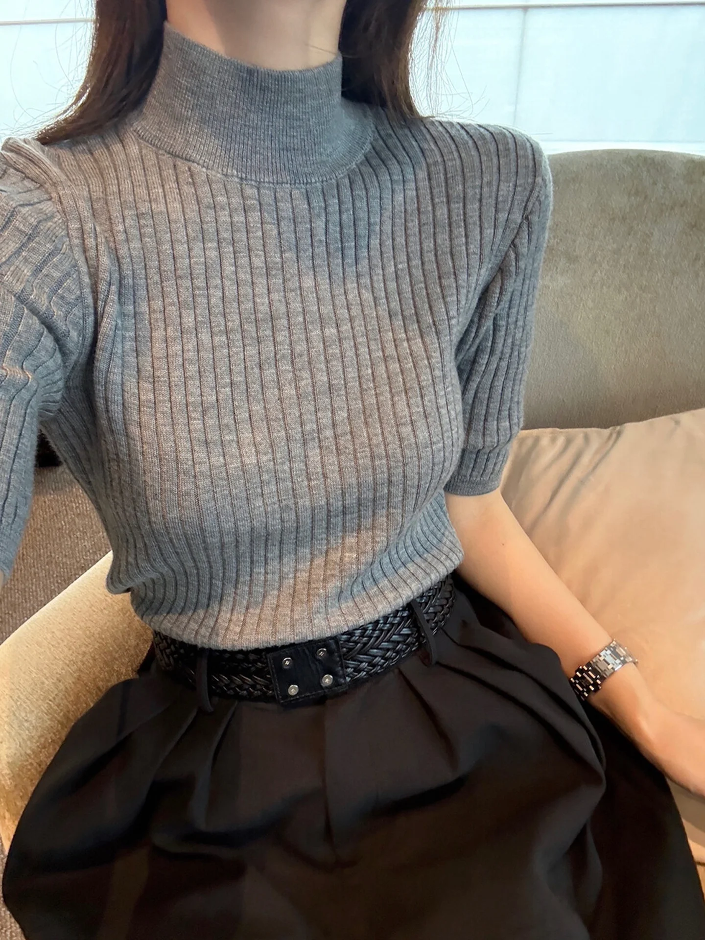 เสื้อไหมพรมคอเต่าทรงเข้ารูป สีพื้น เรียบง่าย สไตล์ฤดูใบไม้ร่วง สำหรับผู้หญิง