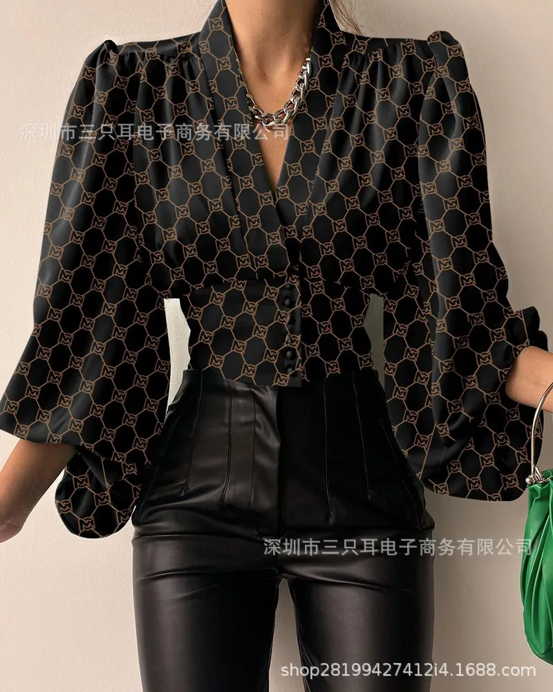 Women Sexy Wrap Deep V-Neck Blouse Vintage 1950s Lantern Long Sleeve Solid Color Buttons Up Slim Fit Cropped Shirts