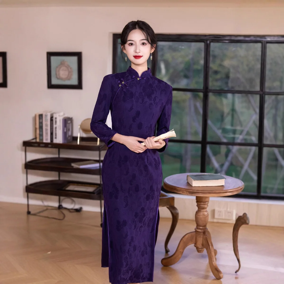 

National Style Purple Autumn/Winter Improved Jacquard Slimming Cheongsam New Chinese Wedding Party Qipao Female Long Dress