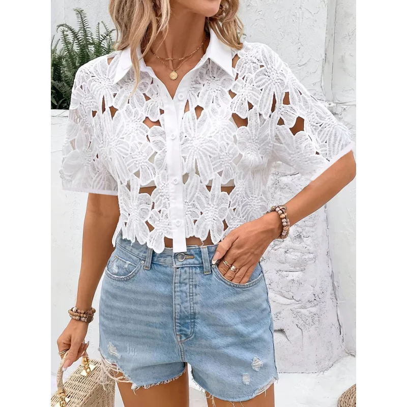 

New European and American Ladies Lace Fashion All-Match Elegant Graceful Shirt Top Casual Holiday Party Hollow Shirt