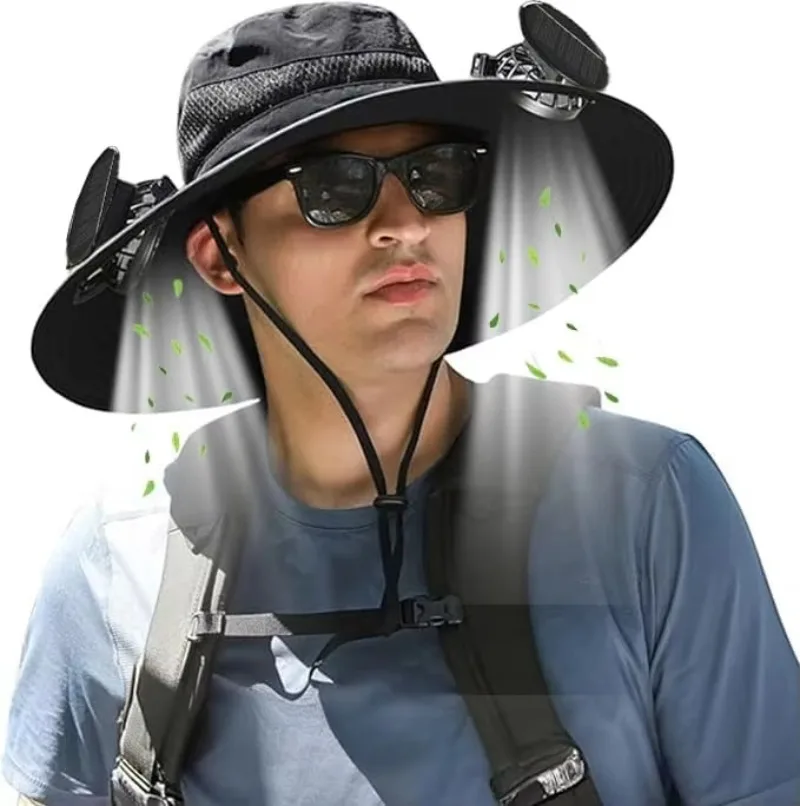 Rechargeable Wide Brim Fishing Cap Camping Solar Fan Hat with 2 Solar Pans & UV Protection for Men Women