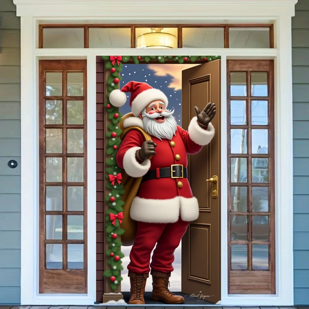 Christmas Door Cover Decorations Santa Claus and Puppy Background Banner for Indoor Outdoor Home Porch Holiday Decor Supplies
