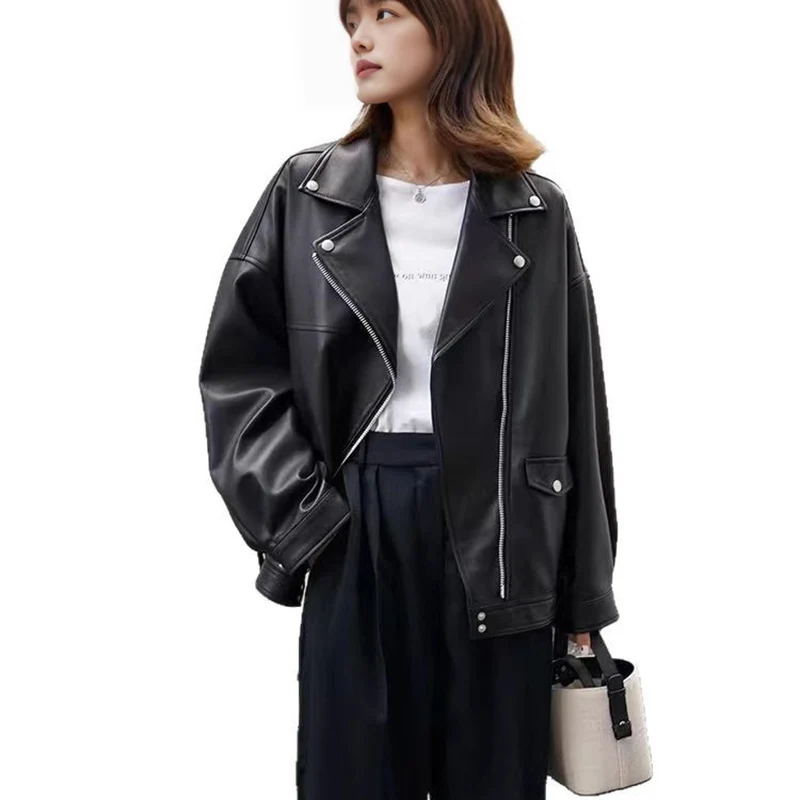 2025 abrigo de cuero suelto de ocio para las cuatro estaciones, chaqueta holgada de cuero PU a la moda para mujer, chaqueta estilo cremallera, Top Otoño Invierno