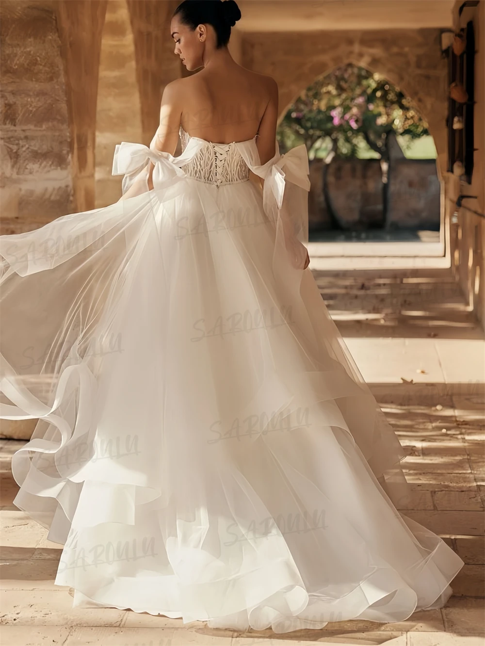 Vestido de novia de tul fruncido dulce, vestidos de novia con corsé y hombros descubiertos, vestido de novia moderno y encantador de línea A personalizado