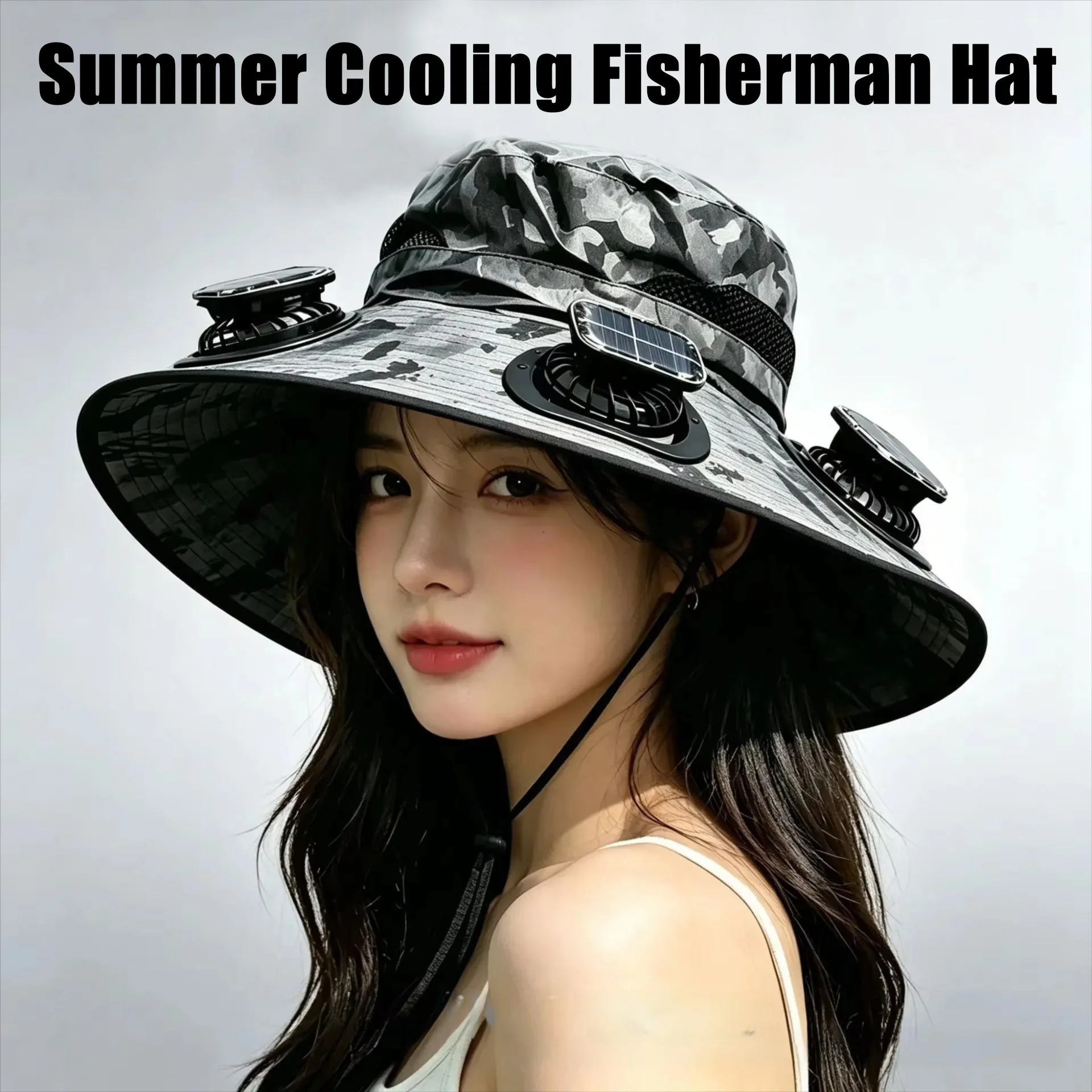 Wide Brim Solar Fan Hat with 3 Solar Fans UPF 50+ Wide Brim Breathable Fisherman Hat for Women Men Outdoor Travel Fishing Hiking
