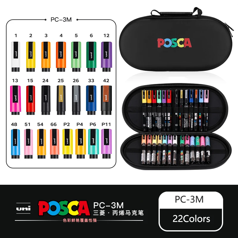 POSCA acrylstiften georganiseerd in tassen, 0,7-2,5 mm schoolkleurpennen, handige originele Japanse professionele kunstverfbenodigdheden