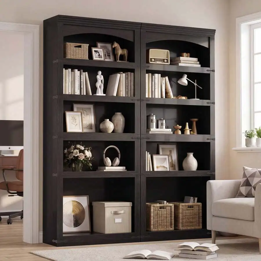 Bookshelf With Drawers, 70' Tall Arched Bookcase, 5-Tier Mid-Century Modern Bookshelf, Black Wood Bookshelf With Fixed Shelves,