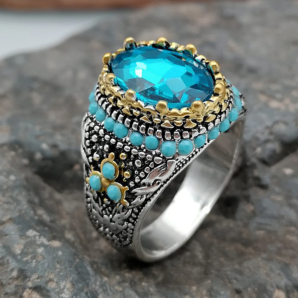 Retro Handmade Turkish Ring for Men Vintage Turquoise Gem Rings Punk 2022 Men's Fashion Jewelry Gifts