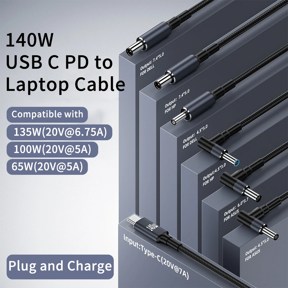 140W Typ C PD do 5.5X2.5 7.4X5.0 4.5X3.0mm Zasilacz DC Konwerter USB C Szybkie ładowanie Ładowarka do laptopa Kabel do Dell Hp Asus