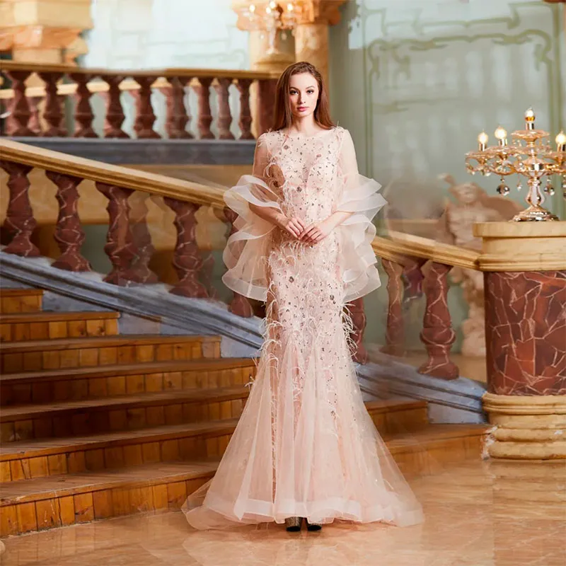 Robe de Soirée de Forme Sirène en Tulle et Paillettes, Tenue de Bal, à Volants, avec Plumes Appliquées, sur Mesure, avec Traîne, Nouvelle Collection