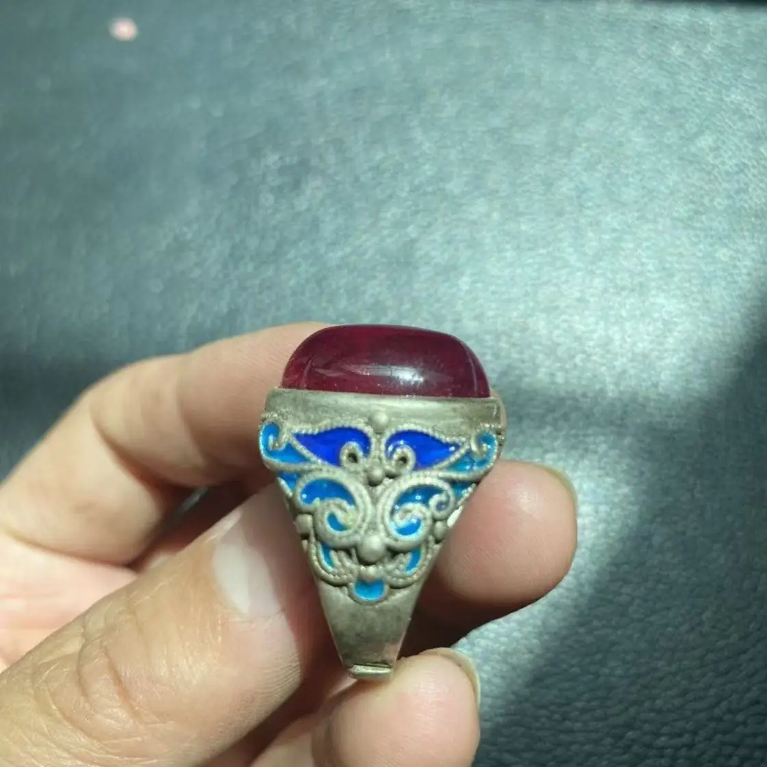 

Antique Collection Cloisonne Old Silver Ring Handset Starlight Gemstone Open Ring Gift Jewelry