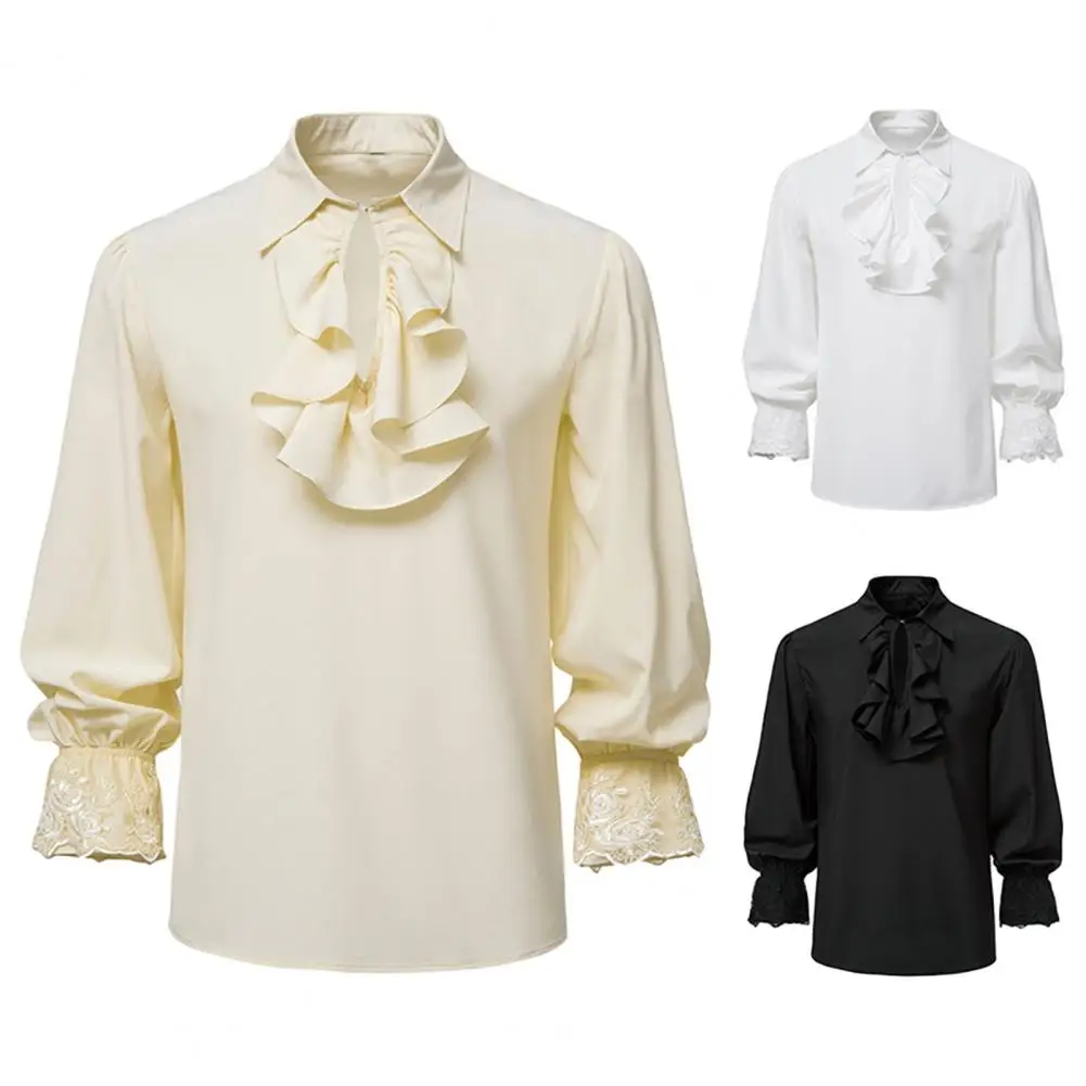 Renaissance Festival Attire Steampunk Retro Medieval Gothic Men\'s Shirt with Ruffle Lace Stand Collar Long Sleeve Cosplay