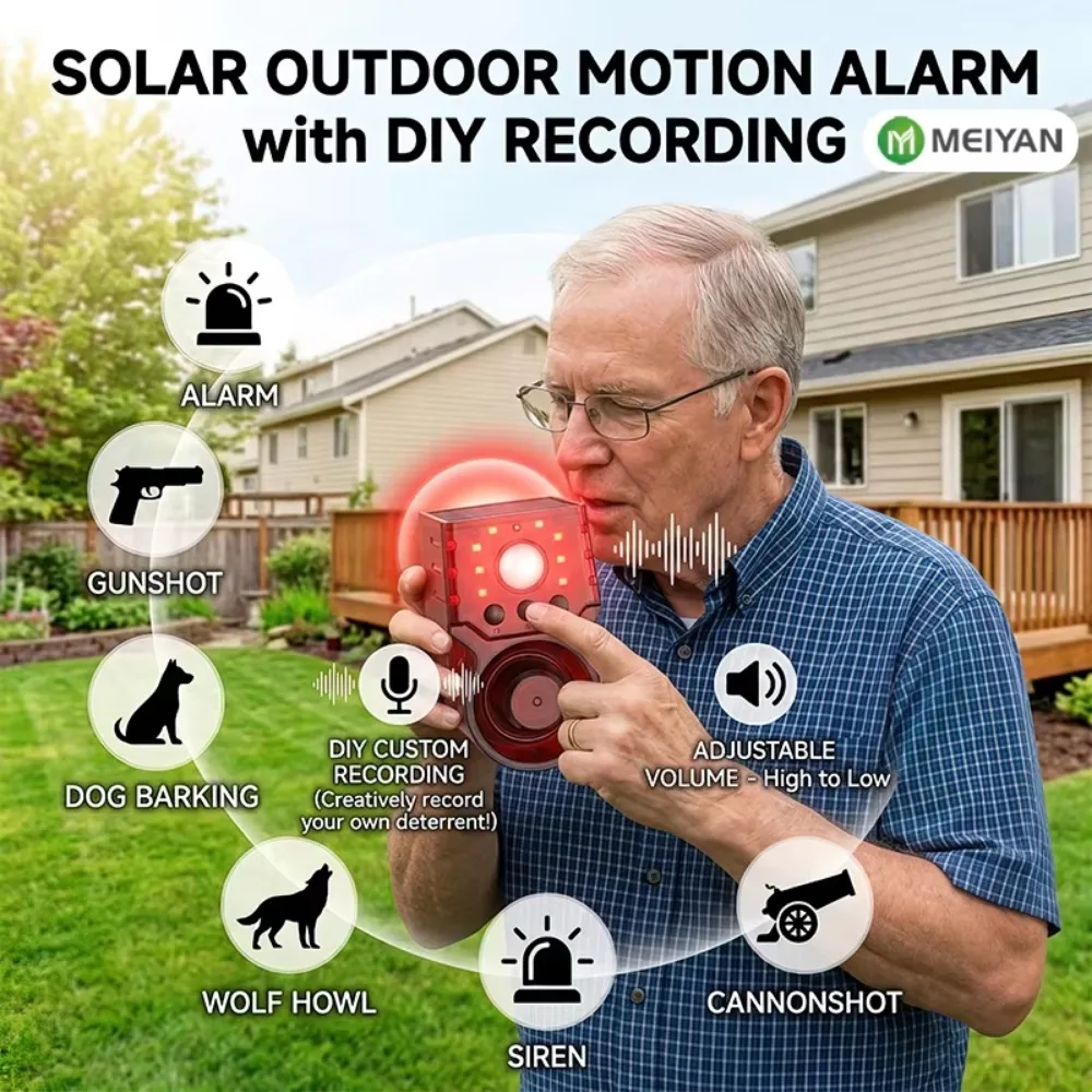 120dB Solar Motion Sensor Alarm Custom Voice Recording 8 Red LED IP55 Water Resistant Remote Control Siren for Farm Yard Outdoor