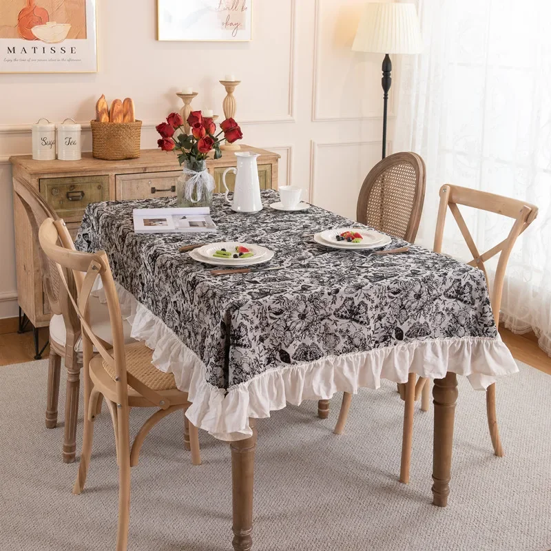 Jacquard Black and White Butterfly Pleated Ruffle Fringe Tablecloth Rectangular Coffee Table Tablecloth