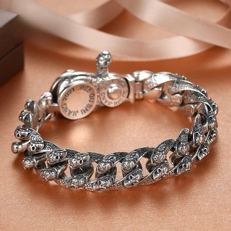 925 Silver Graffiti Bracelet Fashion Male Personality Retro Skeleton Head Bracelet Dark Black Hip Hop Gift for Boyfriend