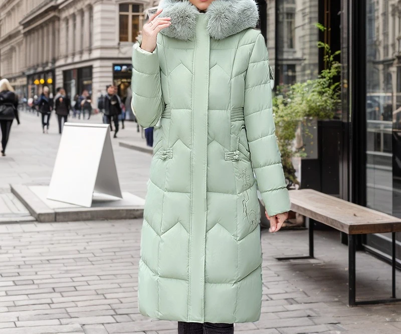 2025 Winter New Fashionable Cotton Clothing Women's Long Style Waist Over Knee Thickened Big Wool Collar Coat