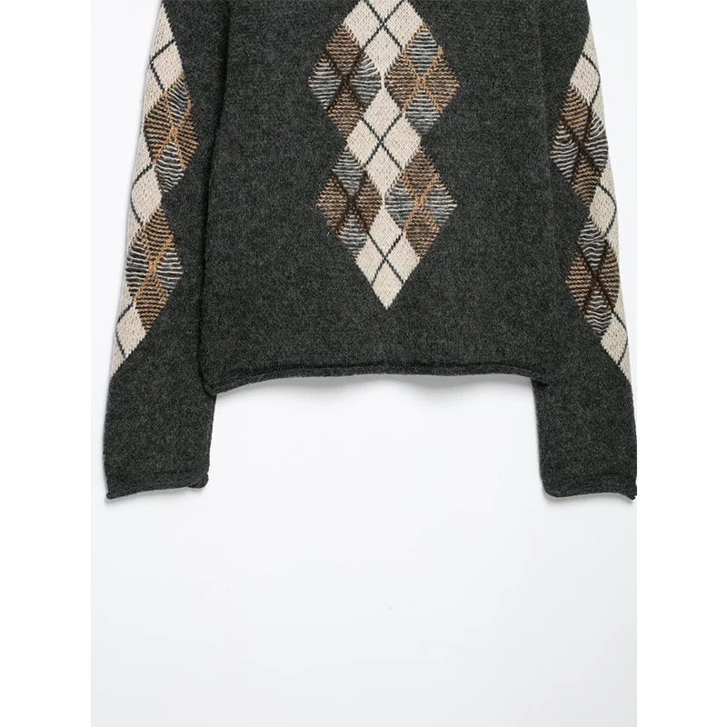Autumn Women Argyle Knit Cardigan Round Neck  Long Sleeve Retro Casual Sweater Coat view 6