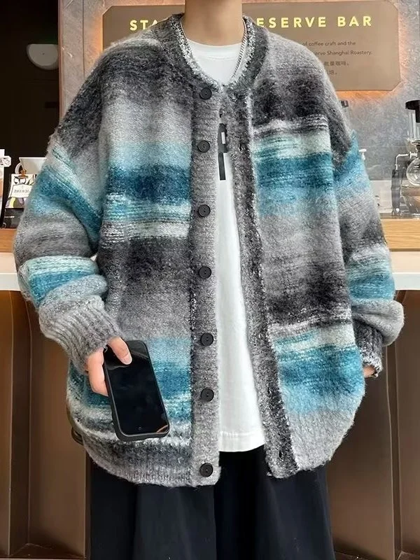 

Ретро цветной вязаный свитер, мужской свободный полосатый кардиган, пальто в Корейском стиле, повседневное осенне-зимнее ленивое модное пальто