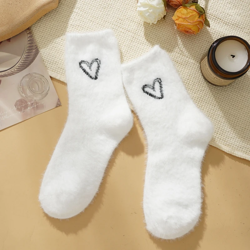 Women Winter Warm Fluffy Socks Love Solid Color Fuzzy Socks Female White Thick Home Floor Sleep Socks