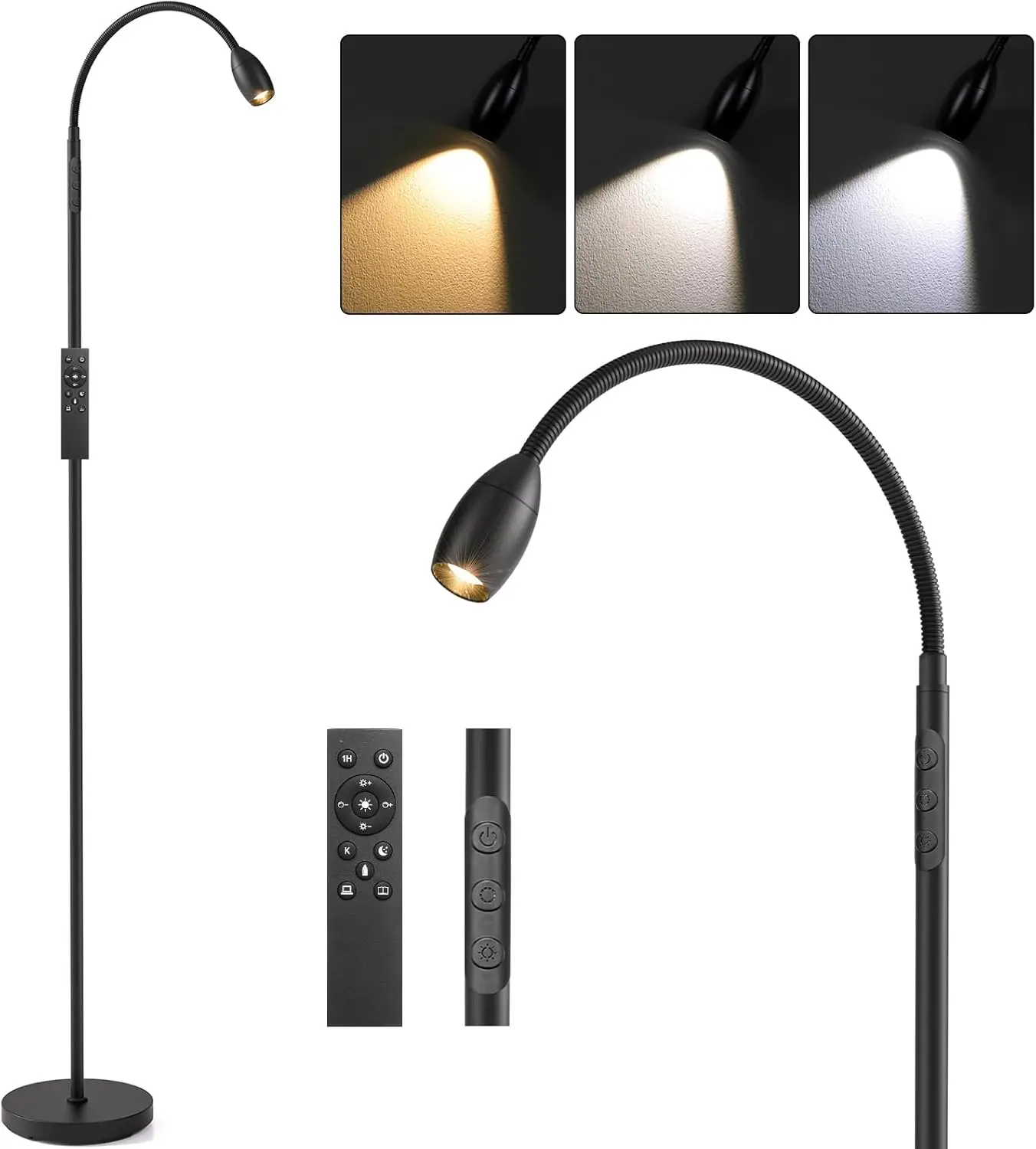 Reading floor lamp, 72-inch high LED lamp, dimmable and zoom spotlight, adjustable beam vertical lamp, black.