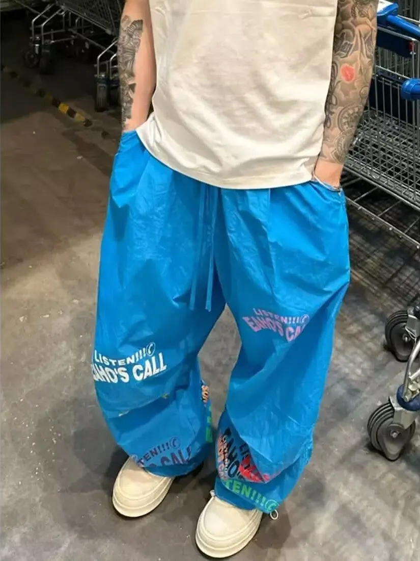 

American Letter Print Paratrooper Pants Men Women Summer Dopane Loose Lazy Sle Qui Dry Dstring Wide Leg Casual Pants