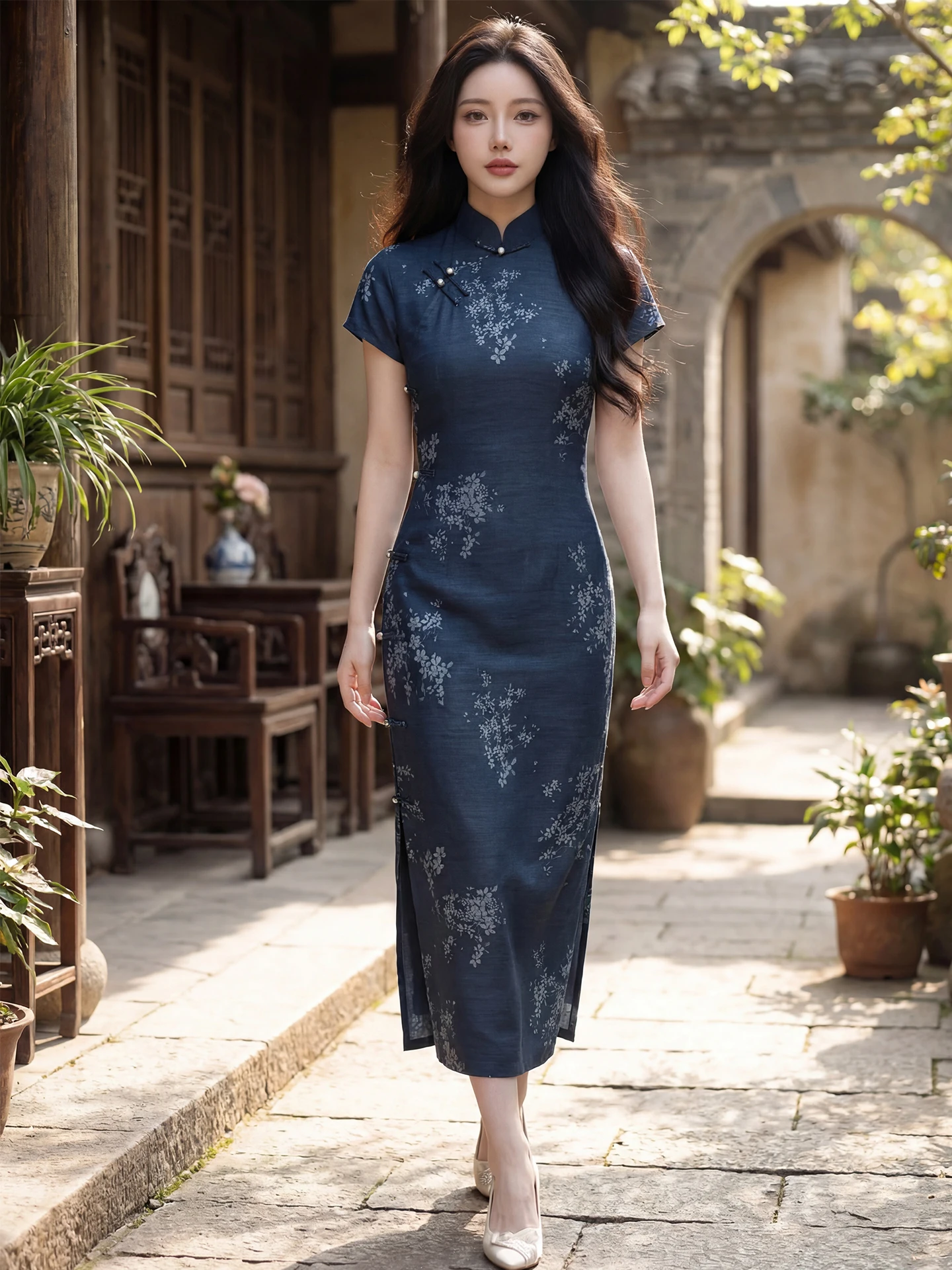 

Элегантное синее ципао с цветочным принтом, женское, приталенное, с высоким воротником, на пуговицах, весенняя новинка, винтажное, высокого качества, средней длины