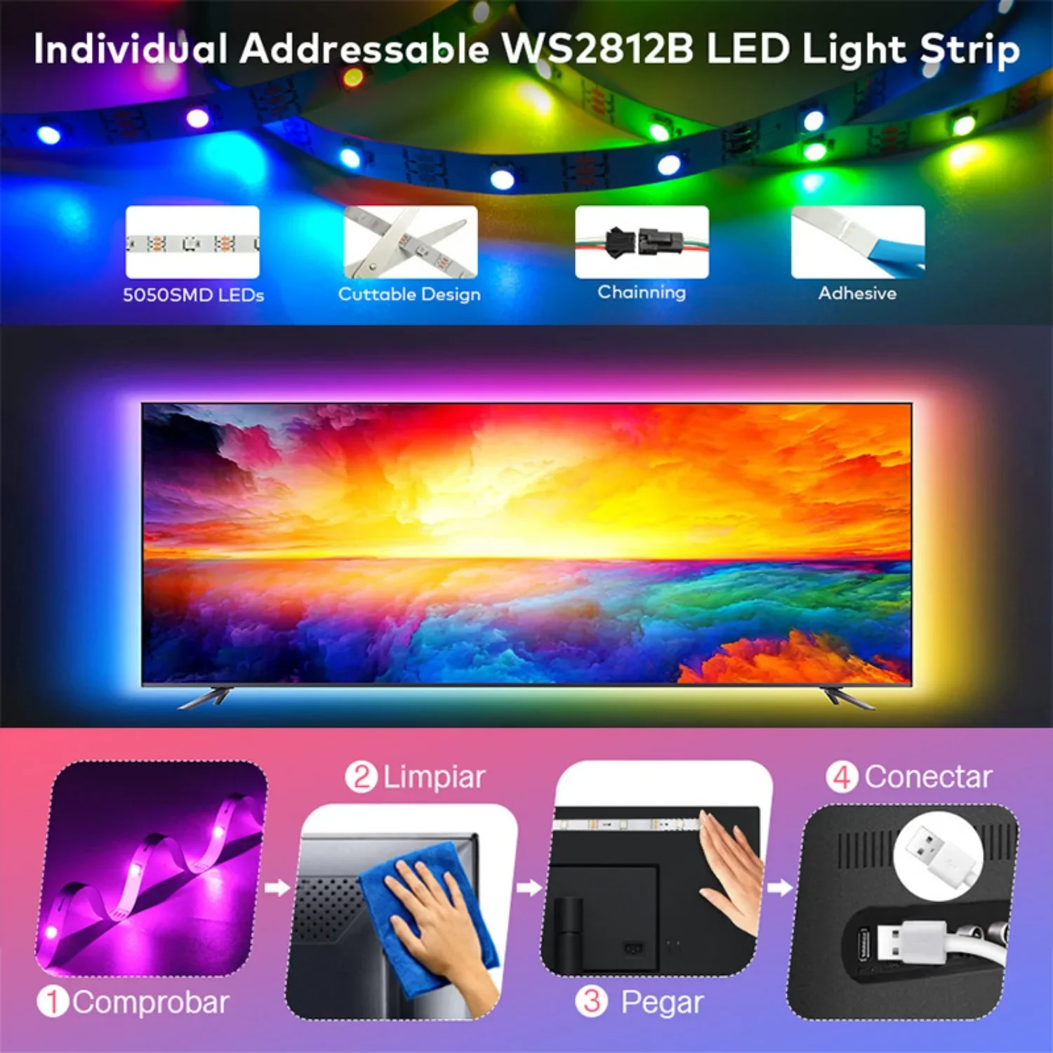 WS2812B LED Strip Individually Addressable Smart RGB LED Strip TV Backlight Tape 28Keys Bluetooth Music Controller Kit DC5V