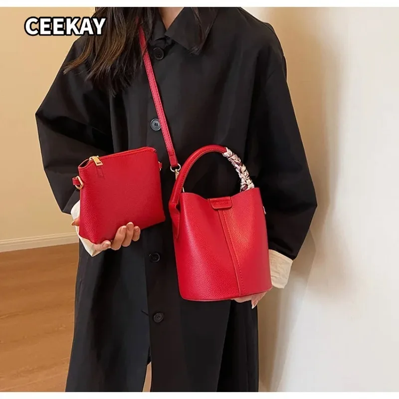 Heiß begehrte schlichte, hochwertige Damen-Umhängetasche aus PU-Material, vielseitige Bucket-Bag, modische Handtasche, Pendeltasche für Frauen – Detail 3