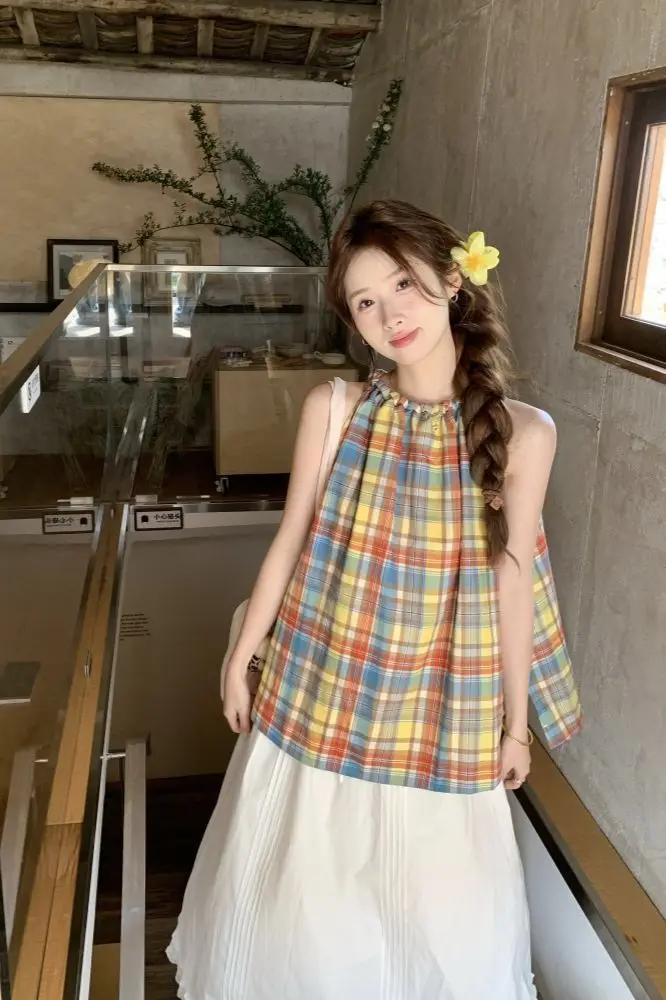 

Korejpaa Chic Plaid Shirts 2025 Summer New Korean Fashion Clothing Gentle Sleeveless Camisas De Mujer Sweet Blouses Femme