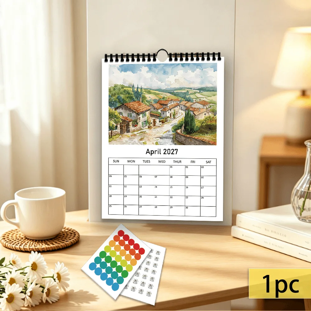 1 unidad, calendario de pared 2027, diseño artístico con motivos de terraza junto al mar, planificador de 12 meses para la decoración del hogar o la oficina, regalo de Navidad y Año Nuevo con pegatinas.