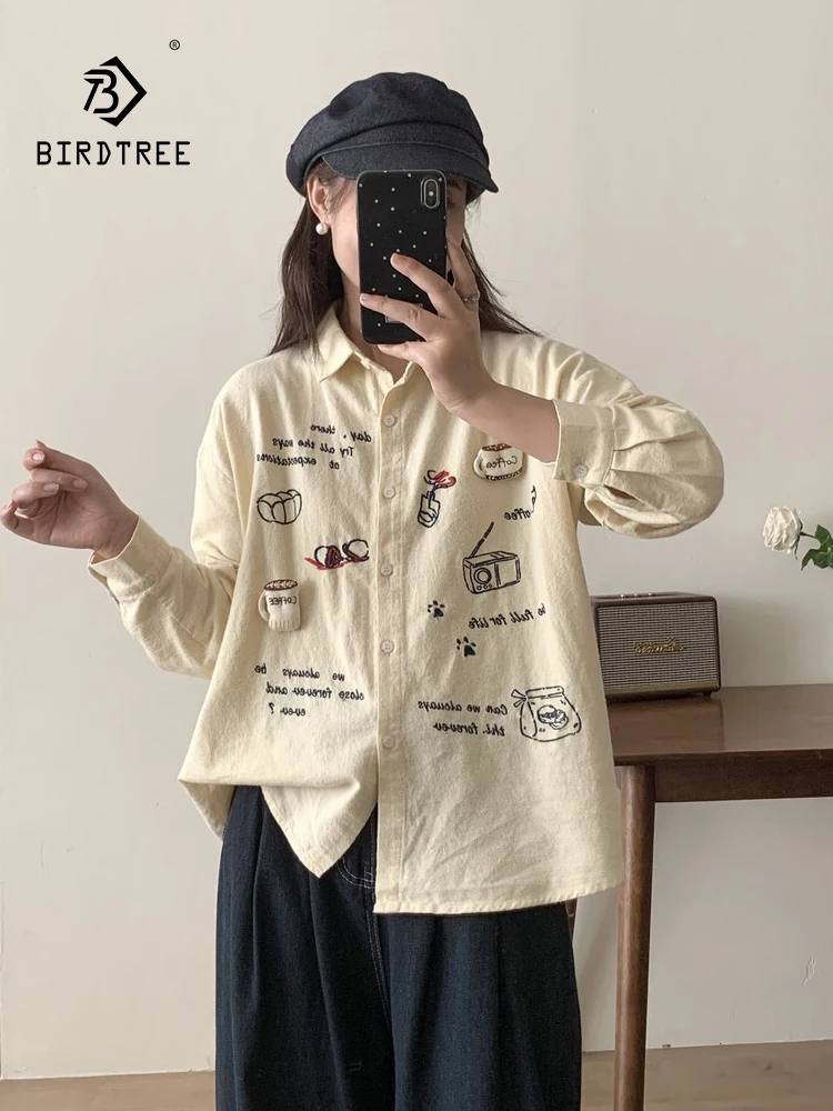 

New 2025 Fall Cotton Long Sleeve Brushed Shirt, Women Turn-down Collar Embroidery, Mori Girl Age Reduction Loose Blouse T5O725CC