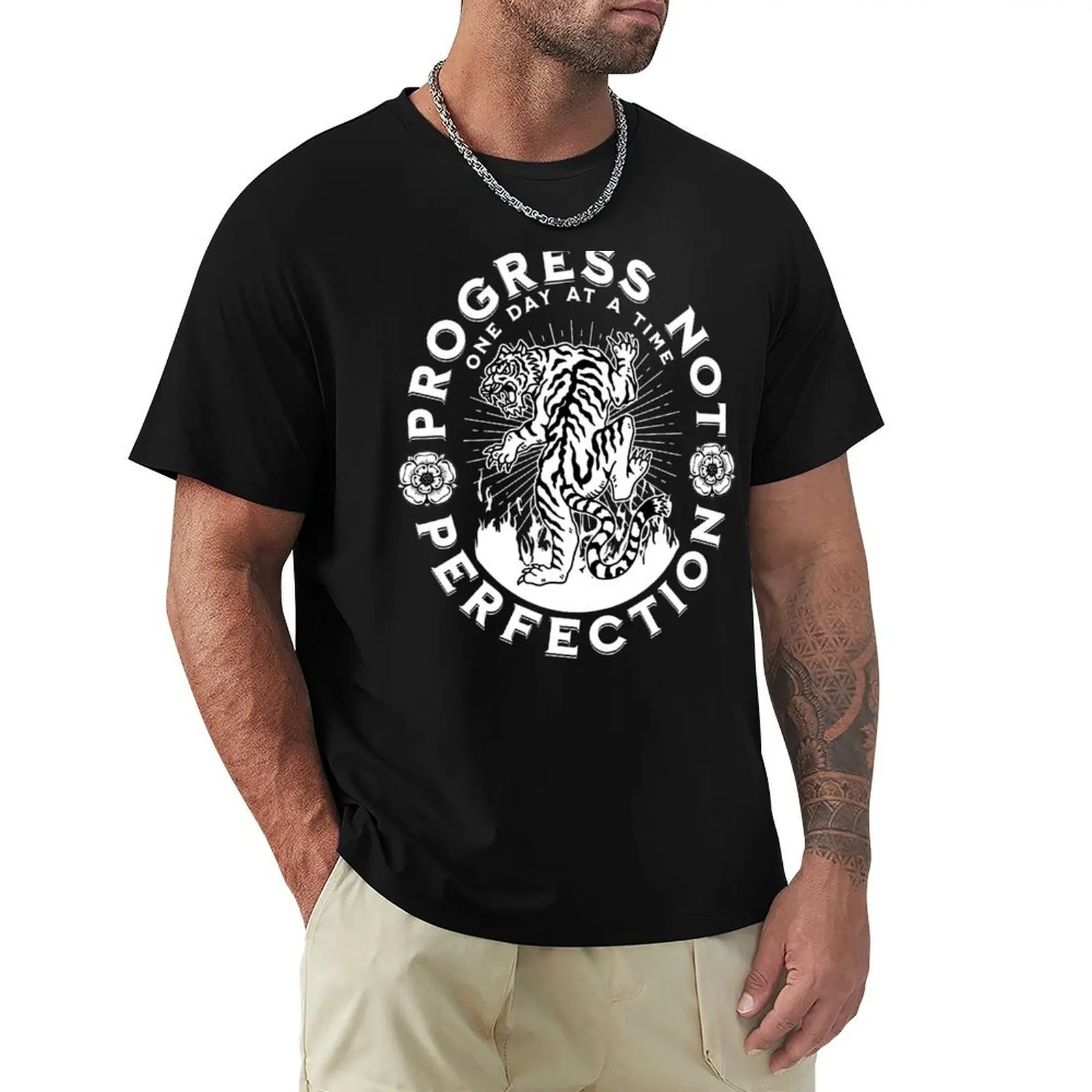 

Progress Not perfection Tattoo Style Sobriety Tiger Design. One Day At A Time. T-Shirt affliction shirts mens cotton t shirts