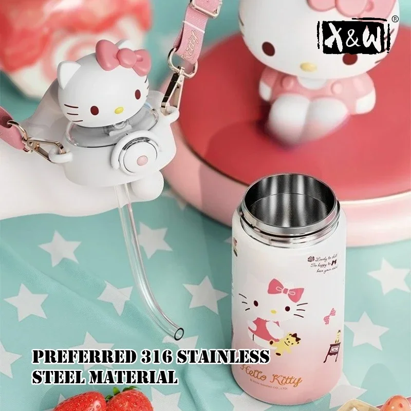 X&W 600mL Sanrio Series Doll Head Thermos Cup 316+PP Pop Up Straw Cup Wiith Carrying Rope WaterBottles Birthday Present