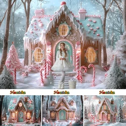 Christmas Photography Background Pink Gingerbread House Candy Cane Wonderland Forest Backdrop Girl Kid Winter Party Photo Studio