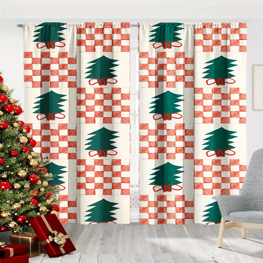 2PCS Christmas Winter Curtains, Red Checker Tree Bow Green White Plaid Pattern, Digital Print, Bedroom Living Room, Home Decor