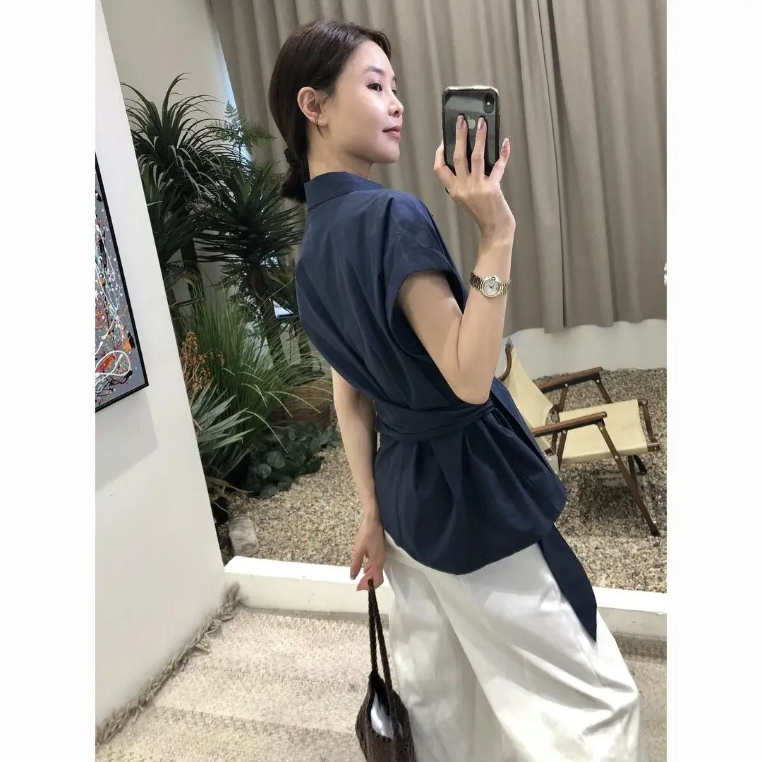 Koreański styl casual, top damski na lato z nowym wzorem, wiązany w talii, modny kołnierzyk, włókno poliestrowe.