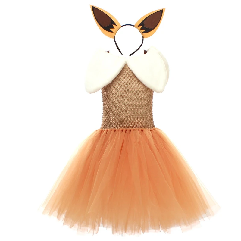 Uroczy, słodki i super uroczy kostium cosplay na Halloween dla dziewczynki, anime Pokémon, przebranie Eevee, sukienka z puszystą spódniczką do odgrywania ról.