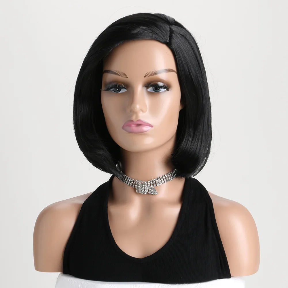 

ladies' side-parted short black straight hair, fashionable, realistic, natural black synthetic fiber full headpiece daily wear