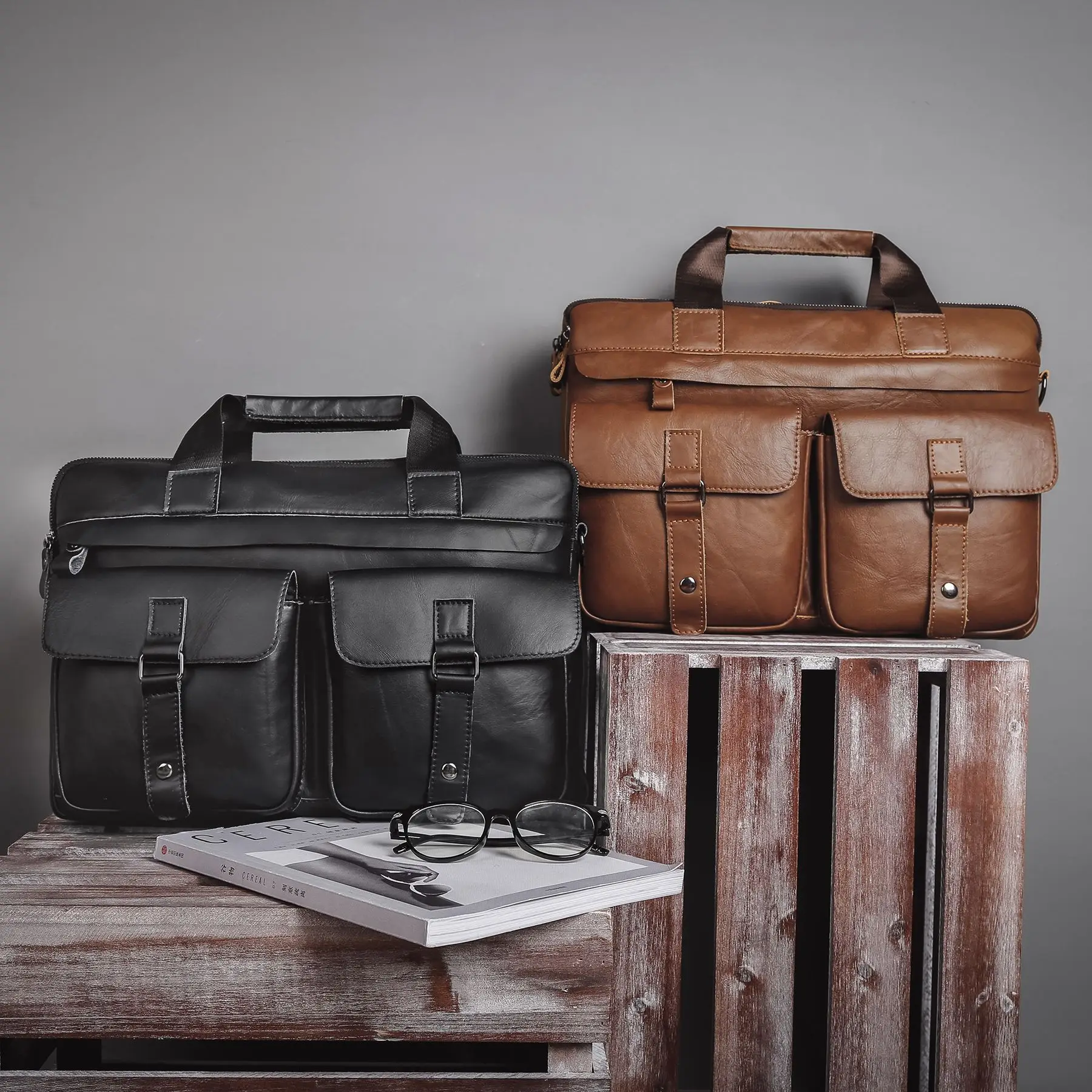 Retro genuine leather single-shoulder bag, large-capacity business multi-pocket briefcase, men's multi-functional laptop bag