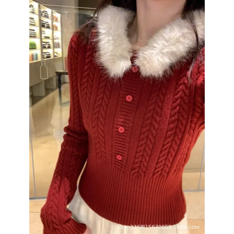 New Year Red Christmas Knitted Sweater Autumn Winter New Style Twist Slim Fit Fashion Removable Fur Collar Base Top