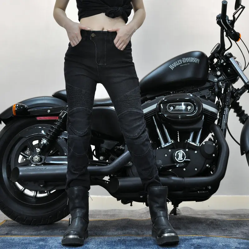 Women Jeans Embroidery Motorcycle Pants Pantalon Motocross Belt Protective Gears Motorcycle Driver License Test Moto Black Jeans