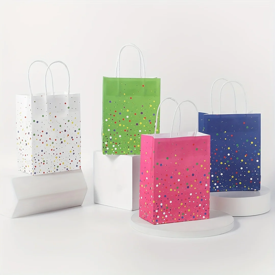 20-Piece Colorful Polka Dot Gift Bags With Square Bottom - White Kraft Paper, Perfect For Party Favors & Candy Pieceaging