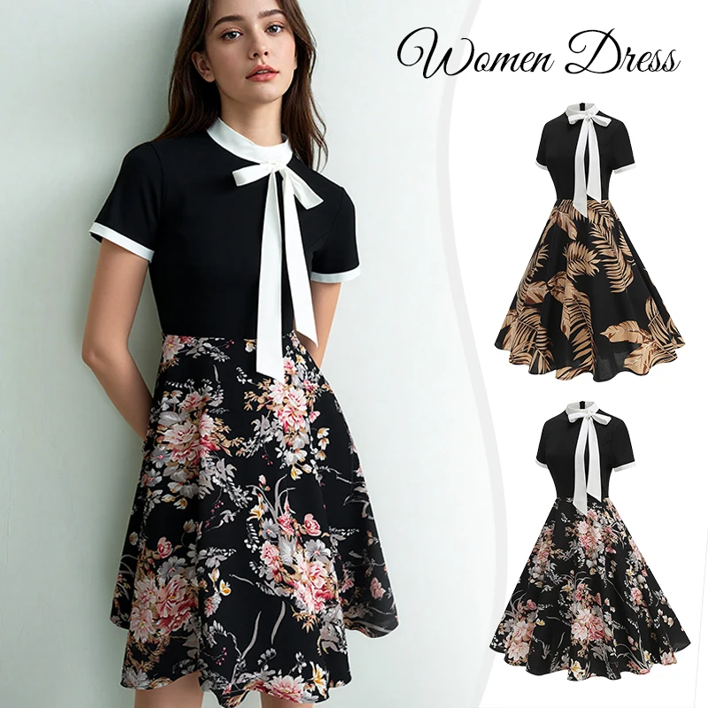 

Women Vintage Rose Flower Dress Retro Elegant Office Cocktail Tea Party 1950s Swing Dress Summer Retro Short Sleeves Dress