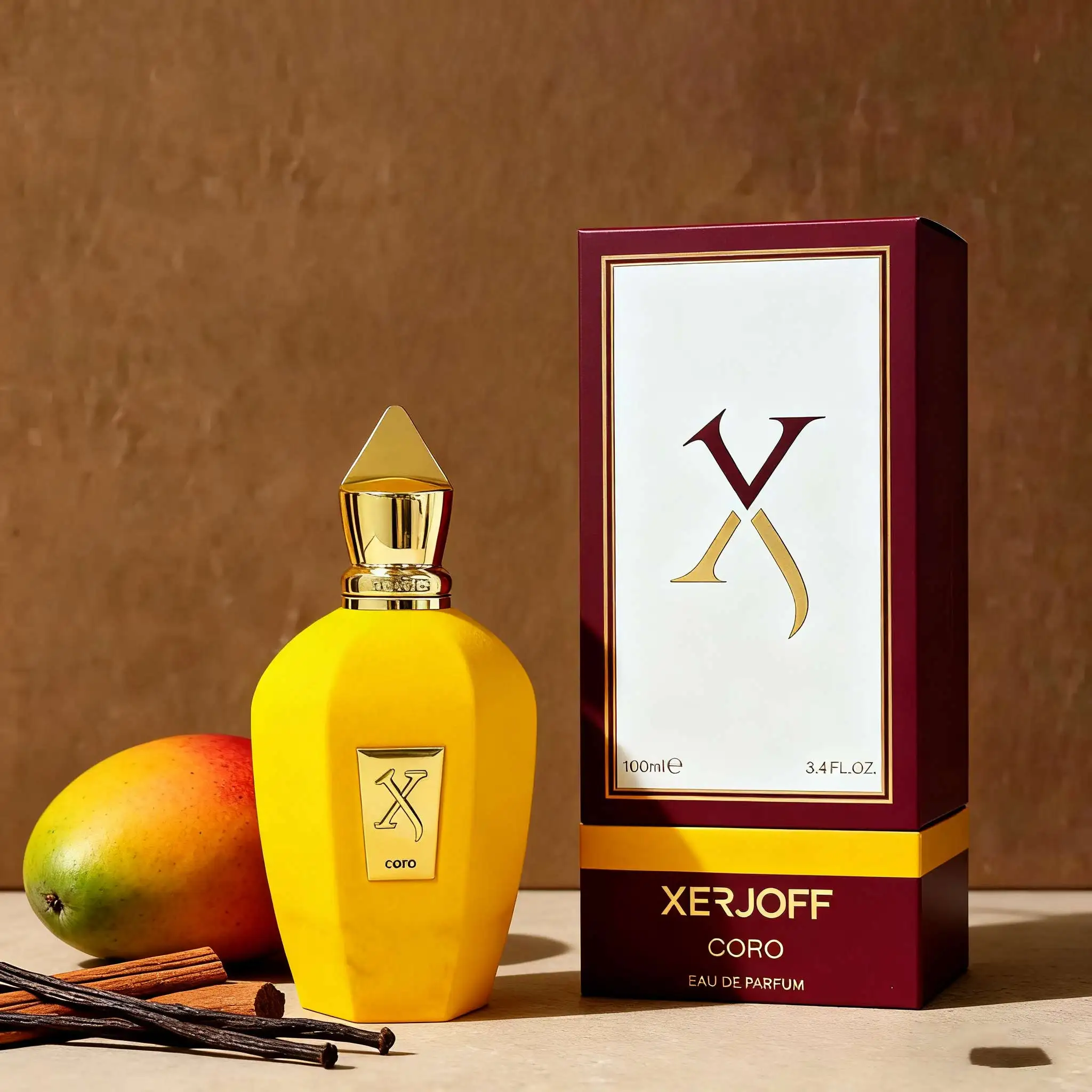 

Xerjoff Coro,3.4FL.OZ(100мл культуры Аромат начинается с ароматом тропических фруктов. Корпус бутылки желтый тонированный с металлическим поим.