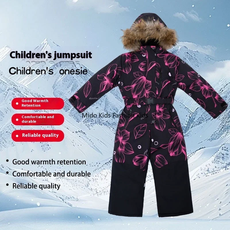 

Kids Windproof Waterproof Ski Suit Winter Warm Snowsuit Girls Printed Outfit