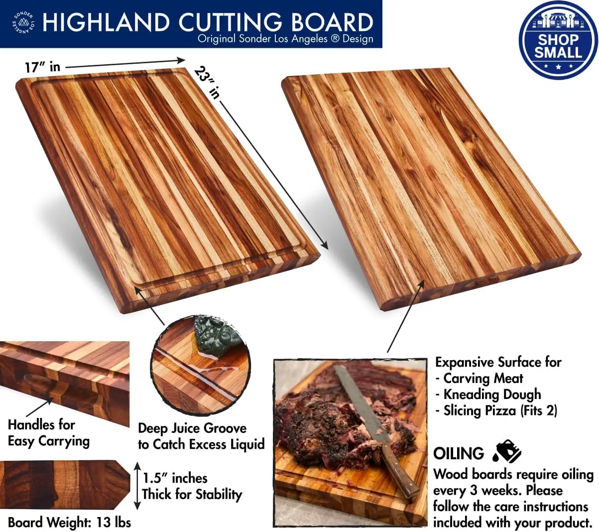 XXL Thick Edge Grain Teak Wood Cutting Board for Kitchen with Juice Groove, 23x17x1.5 Charcuterie Wooden Board in Large