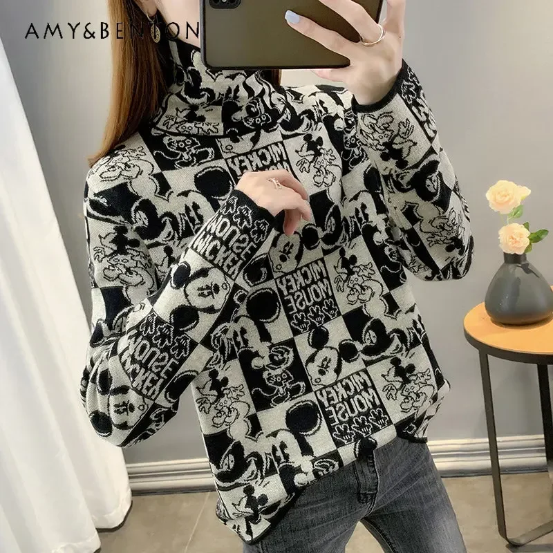 Jersey holgado de manga larga para mujer, suéter de cuello alto, chaqueta de dibujos animados, Tops de moda, otoño e invierno, nuevo