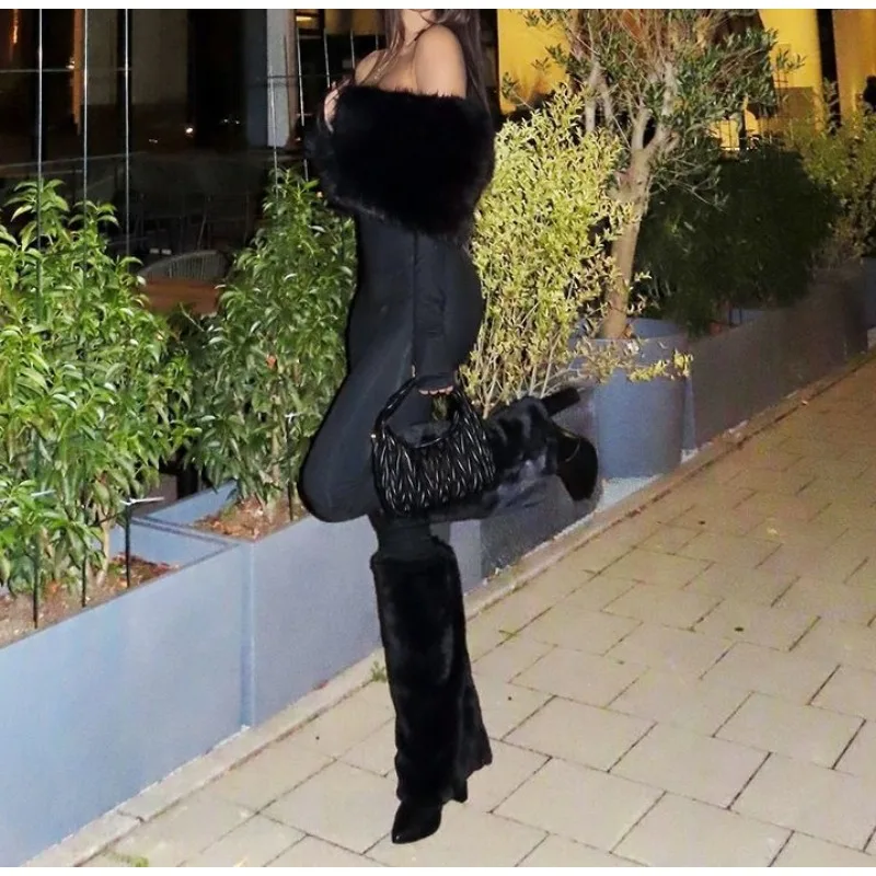 Winter Supermodel Atmosphärische Auto Show Neue Mode Sexy One-wort Schulter Haar Spleißen Schlank Overall Dominierenden